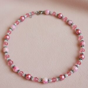 Vintage Pink Beaded Choker Necklace Y2K Glass Pearl Handmade Choker Y2K Jewelry